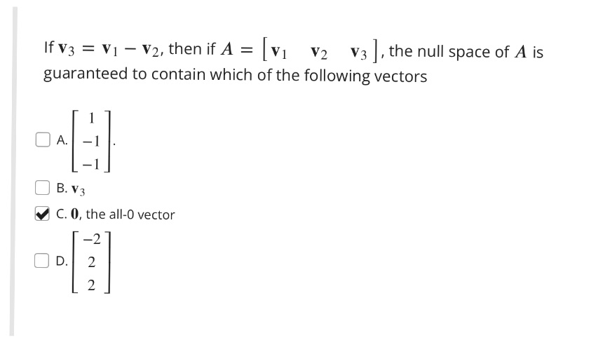 If V3 = V1 - V2, then if A = [v1 v2 v3 , the null
