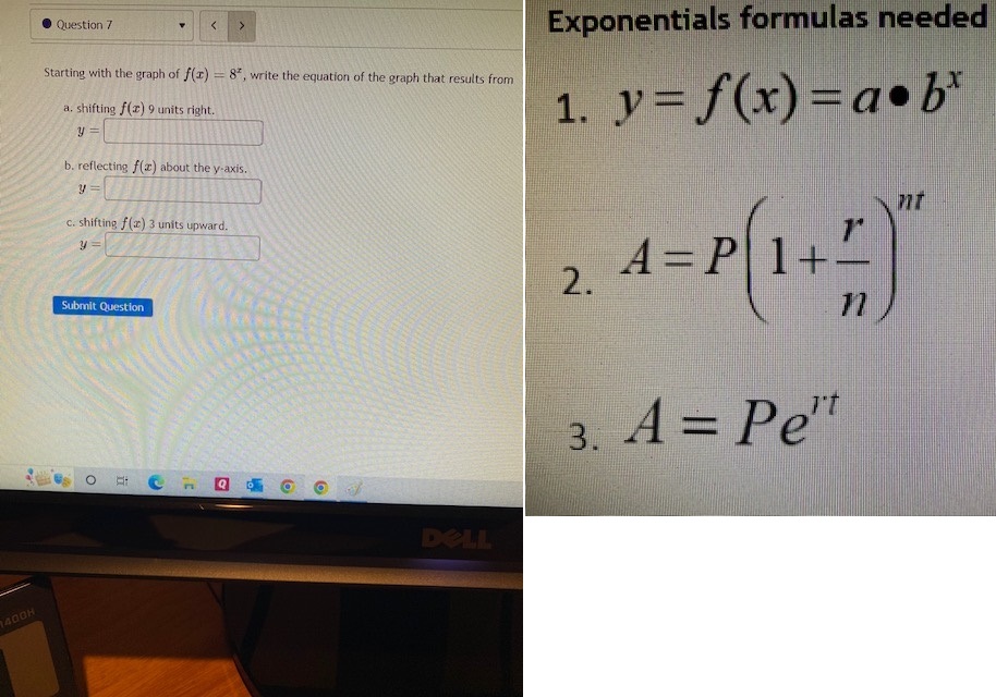 Question 7 Exponentials formulas needed Starting