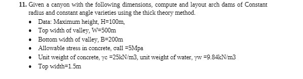 11. Given a canyon with the following dimensions,