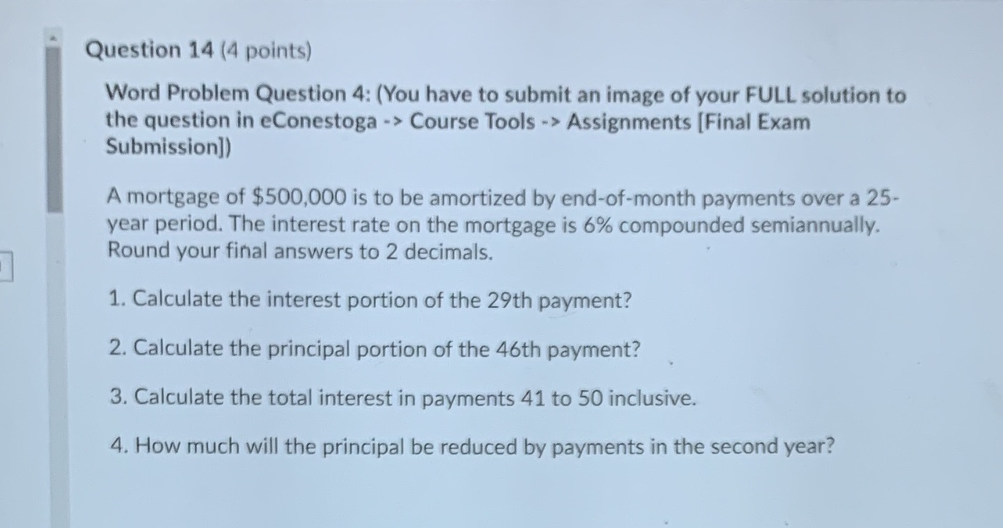 Final exam Question 14 (4 points) Word Problem