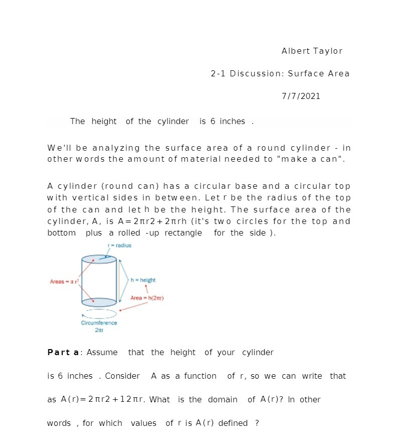 Albert Taylor 2-1 Discussion: Surface Area