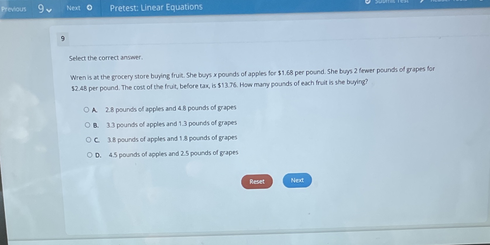 Previous 9 v Next O Pretest: Linear Equations 9
