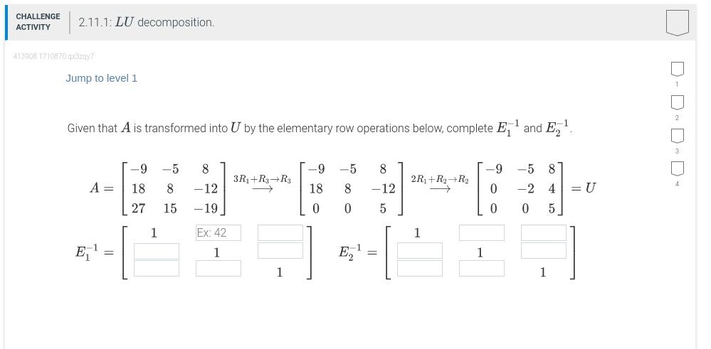 CHALLENGE ACTIVITY 2.11.1: LU decomposition.