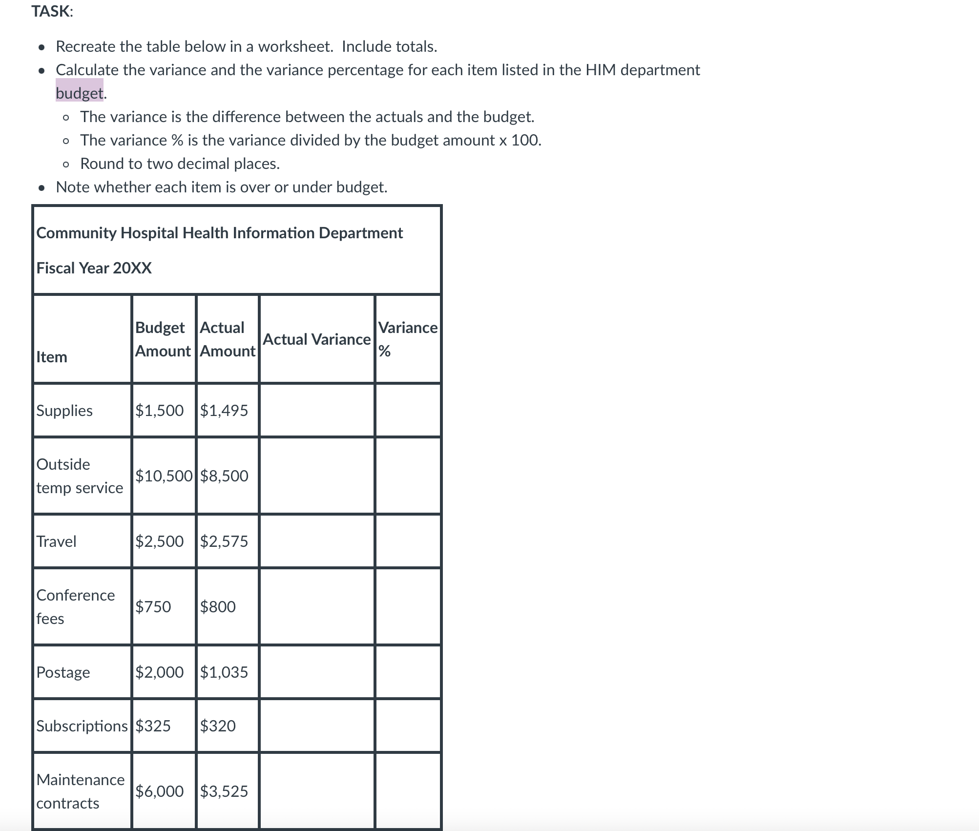 TAS K: - Recreate the table below in a worksheet.