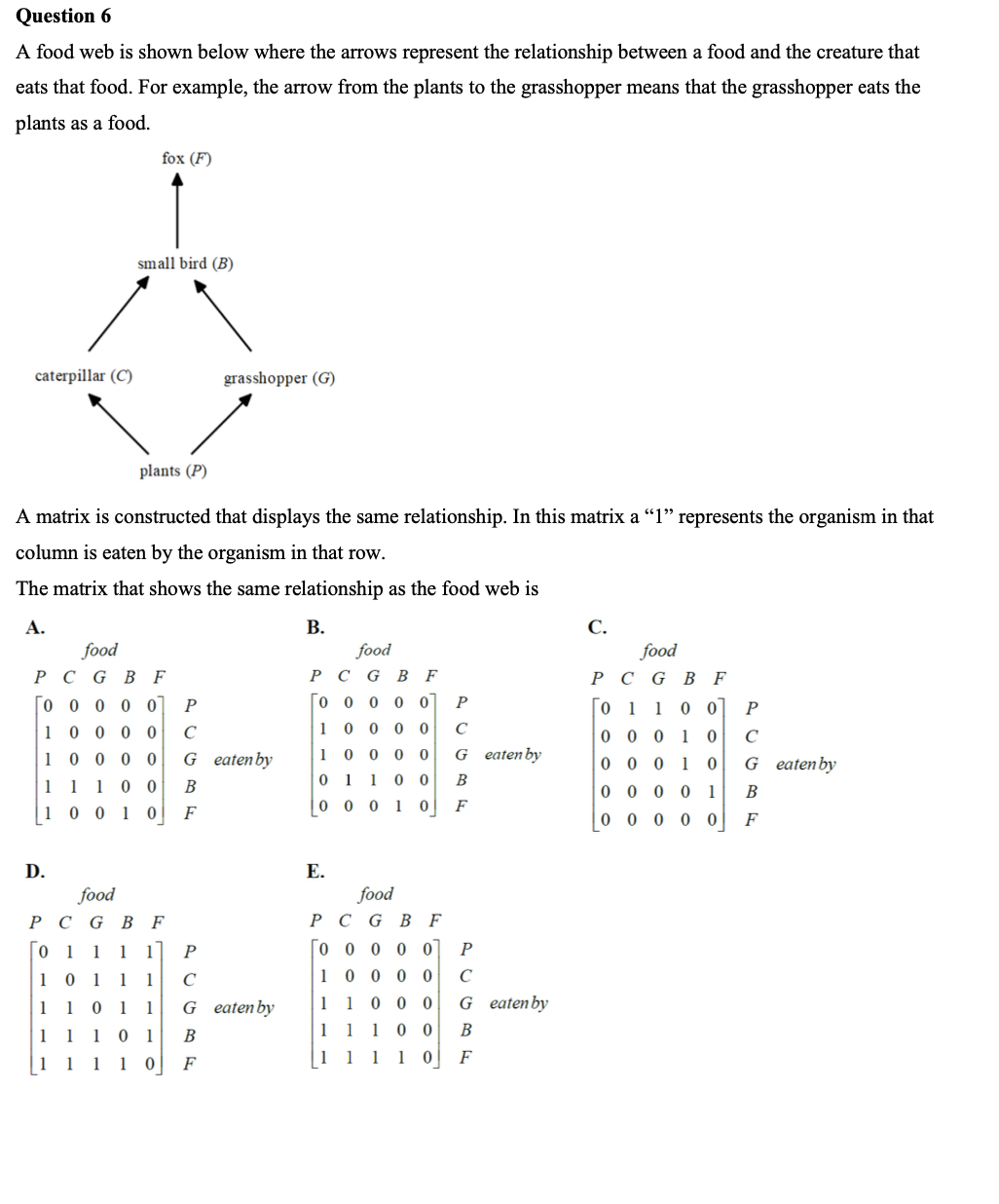 Question 6 A food web is shown below where the