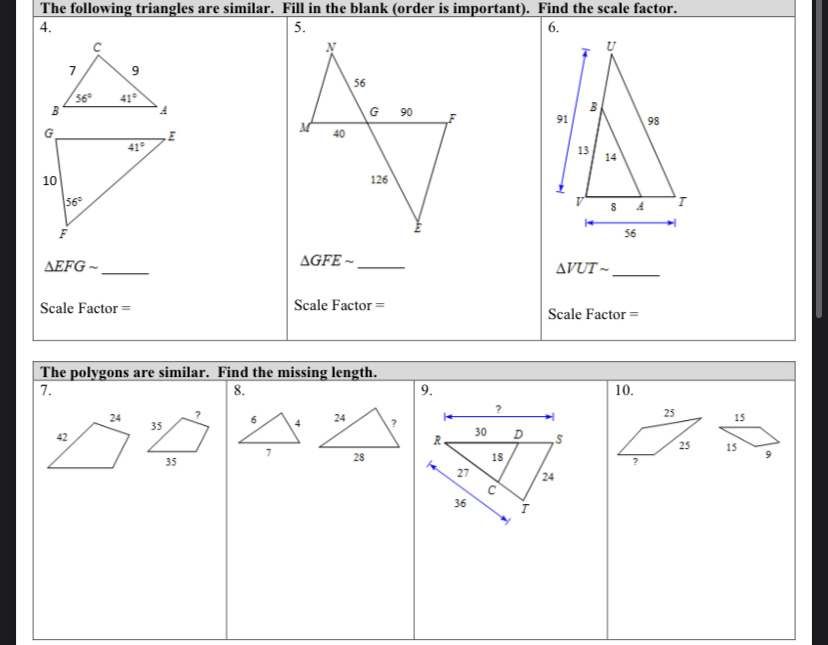 The following triangles are similar. Fill in the