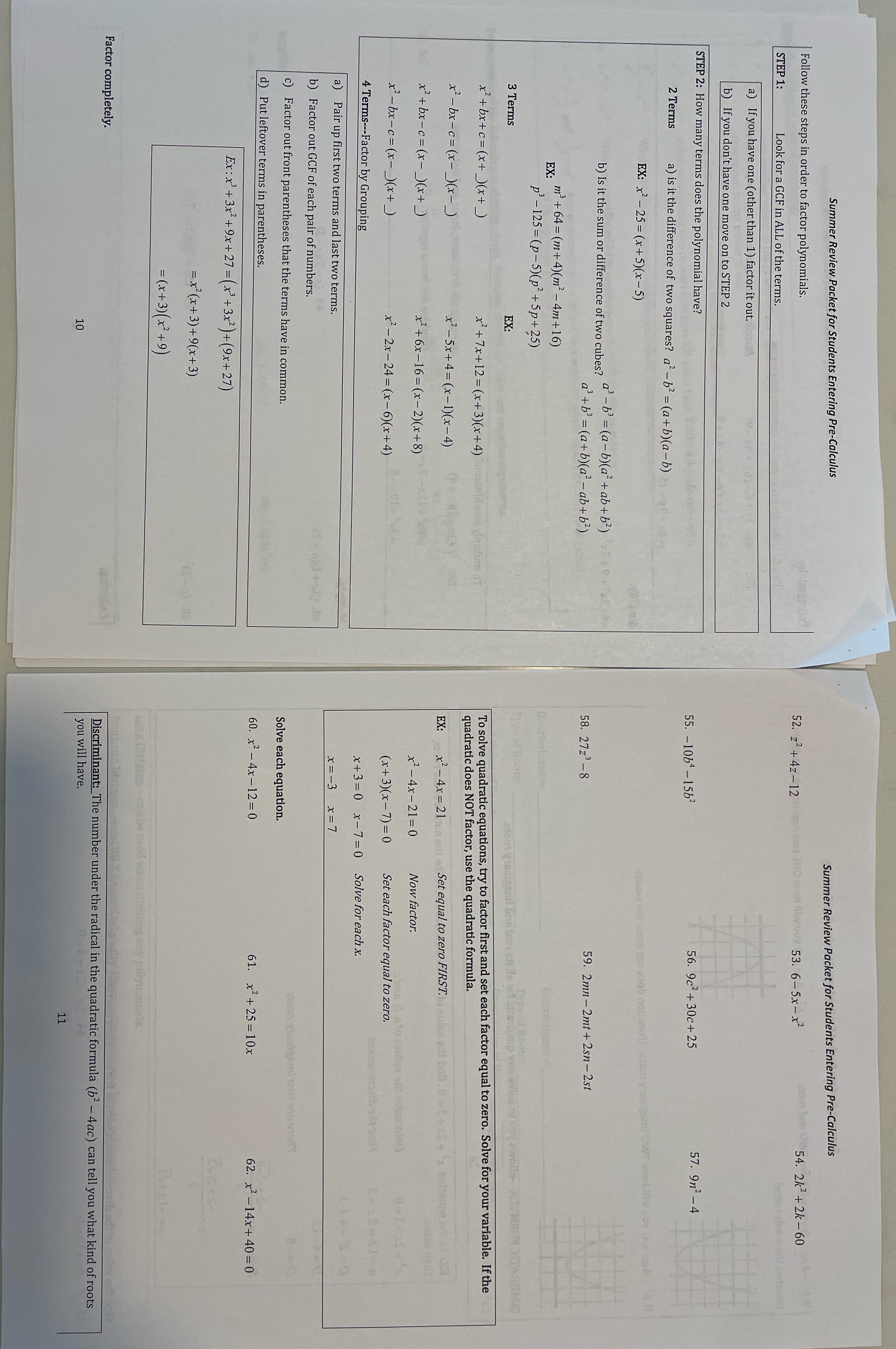 Summer Review Packet for Students Entering