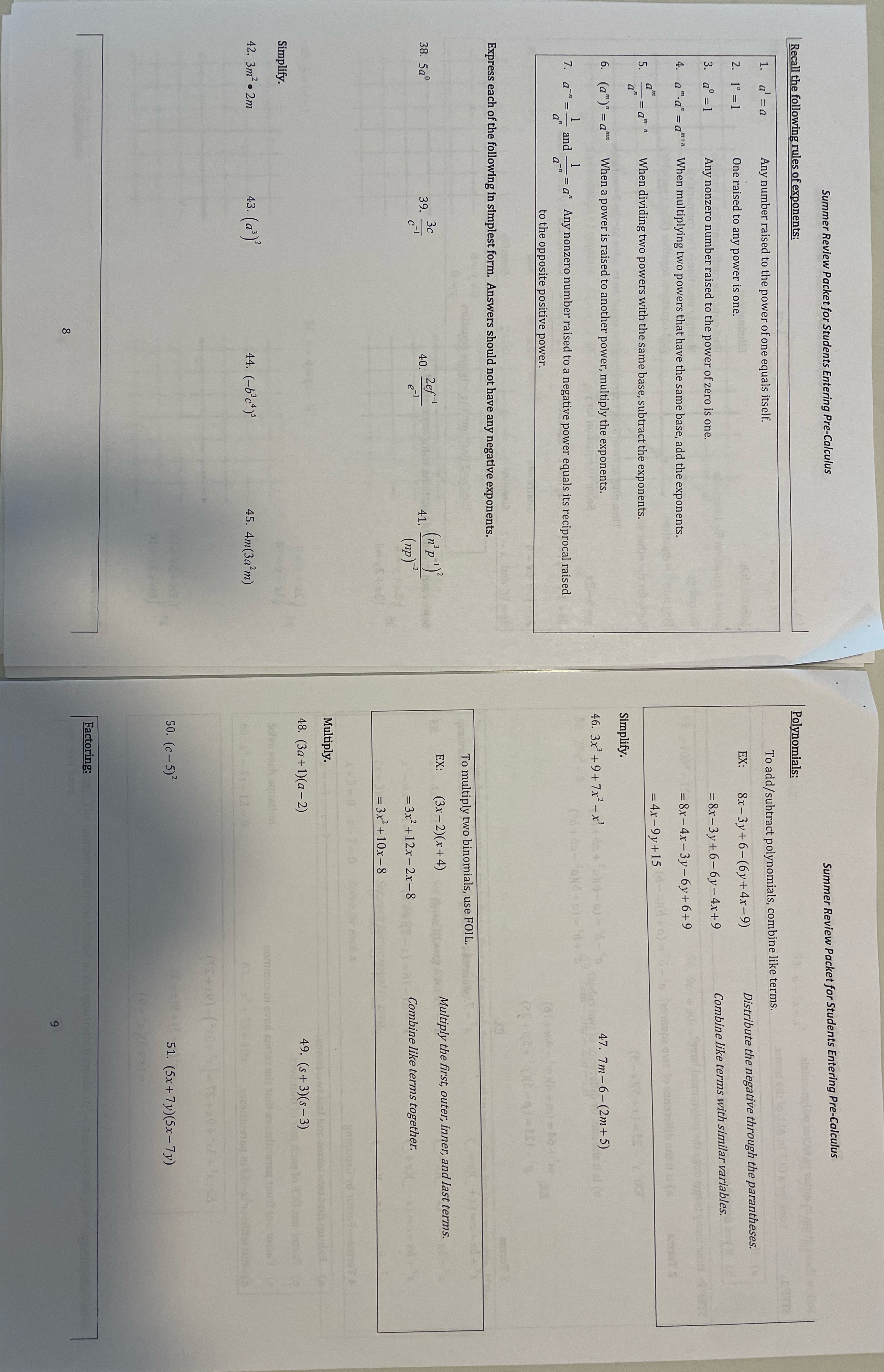 Summer Review Packet for Students Entering