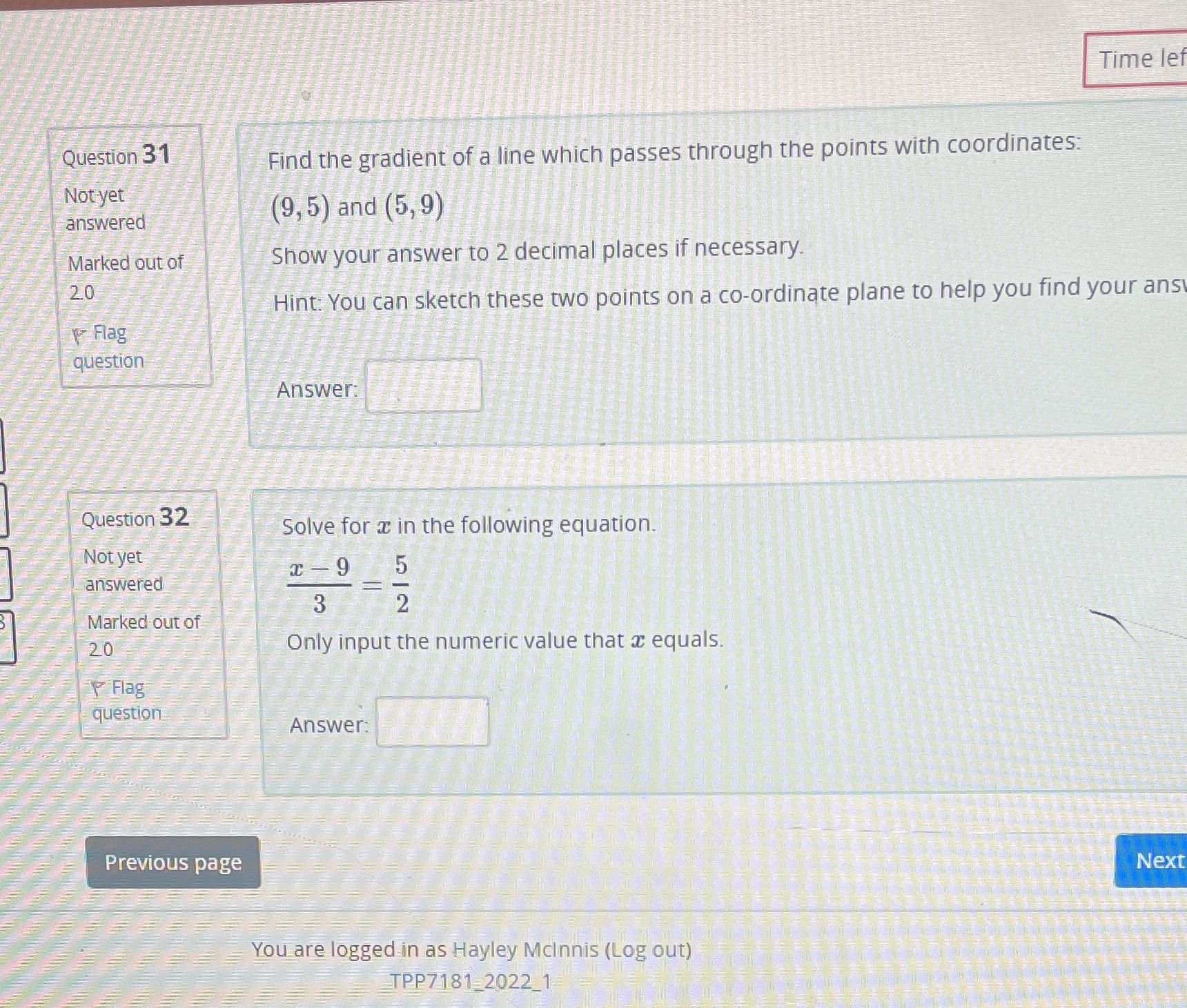 Time le Question 31 Find the gradient of a line