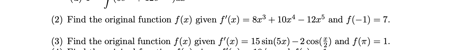 (2) Find the original function f(x) given