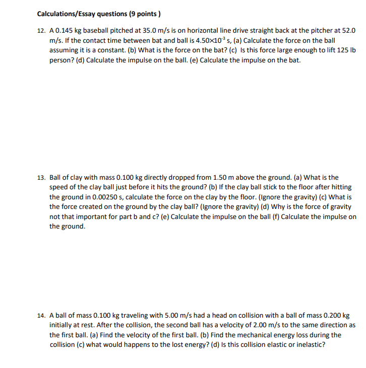 CalculatinnsIEssay questions [9 points i 12.