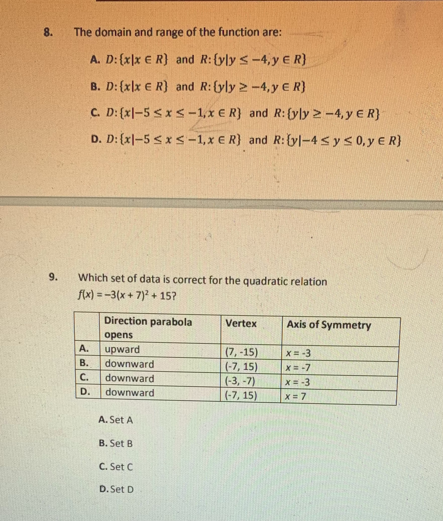 Chapter Quadratic Please answer the question