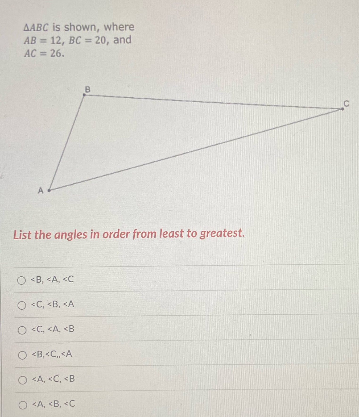 AABC is shown, where AB = 12, BC = 20, and AC =