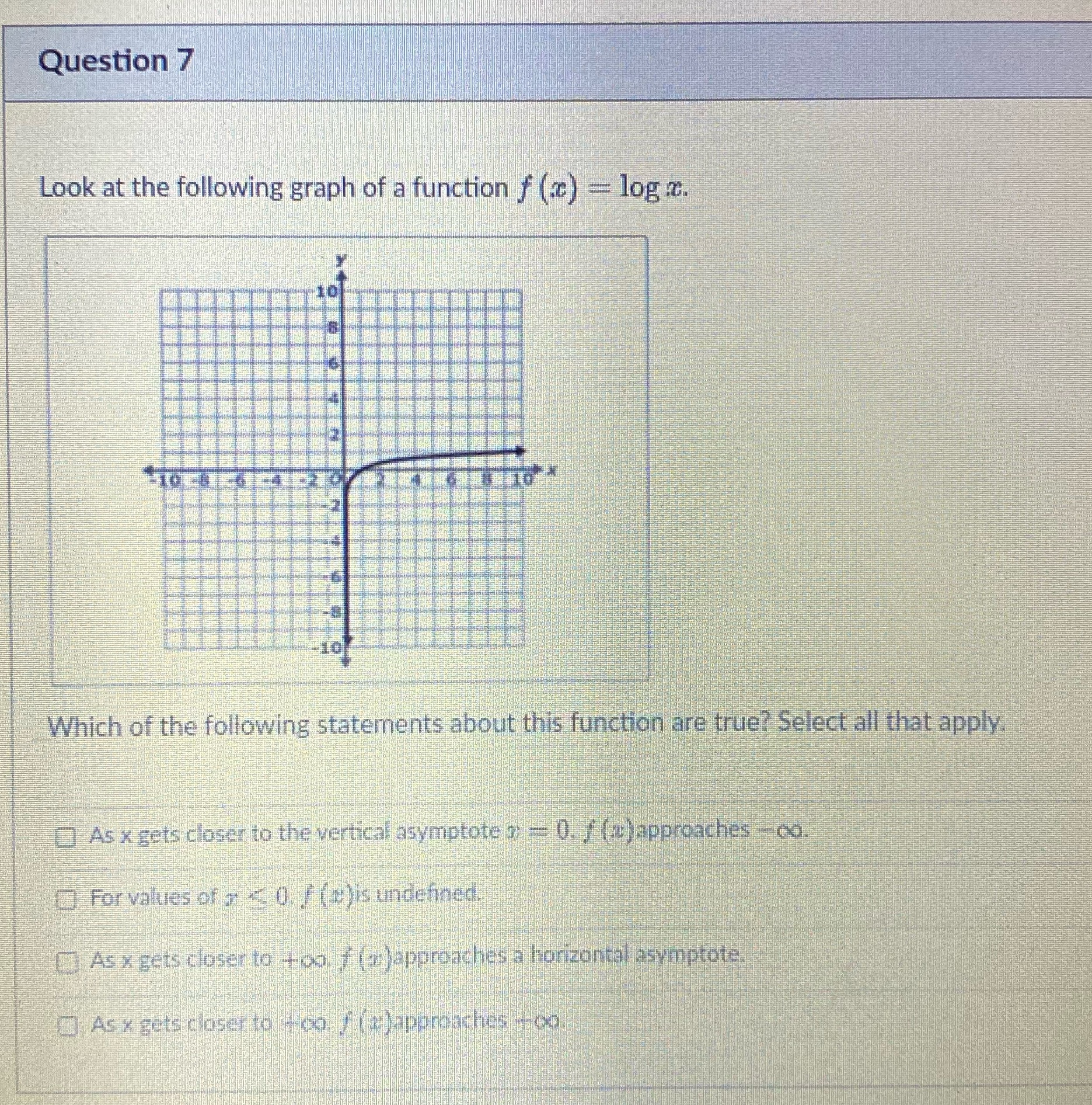 Question 7 Look at the following graph of a