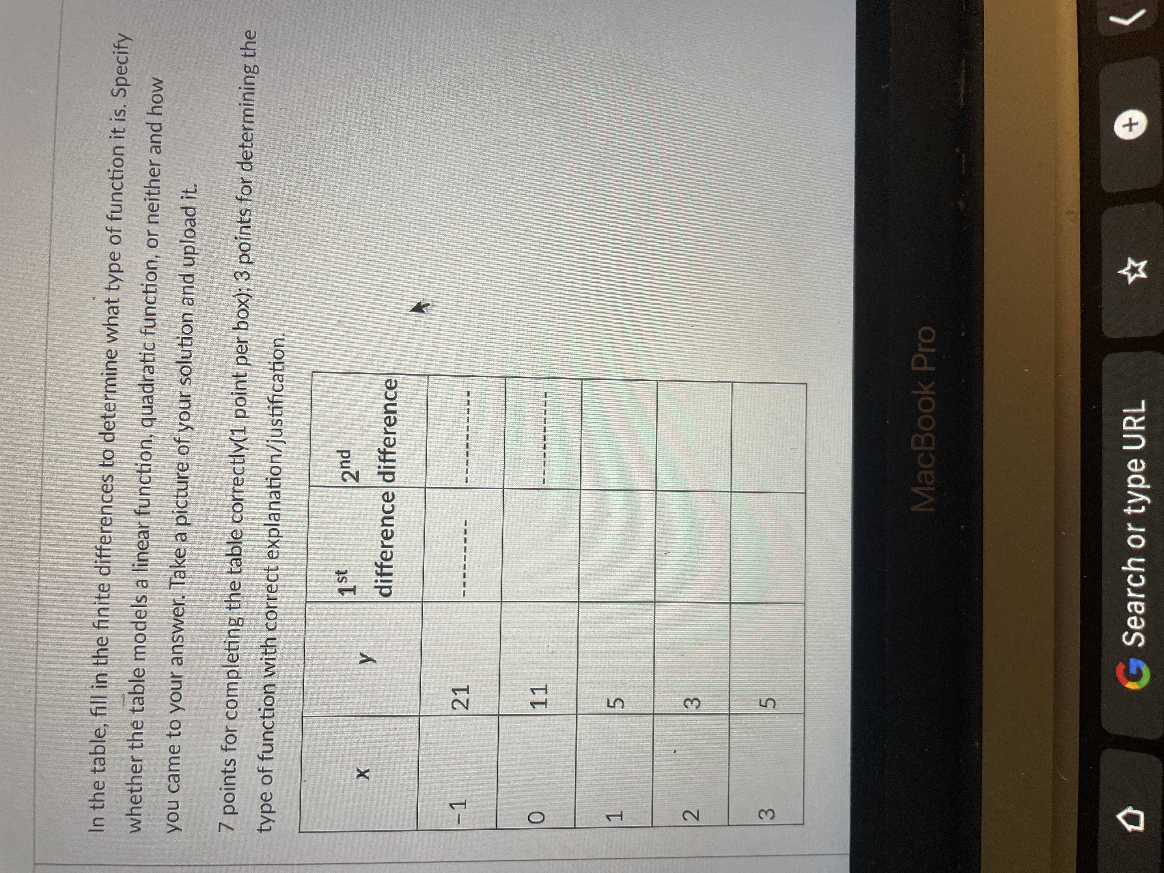In the table, fill in the finite differences to