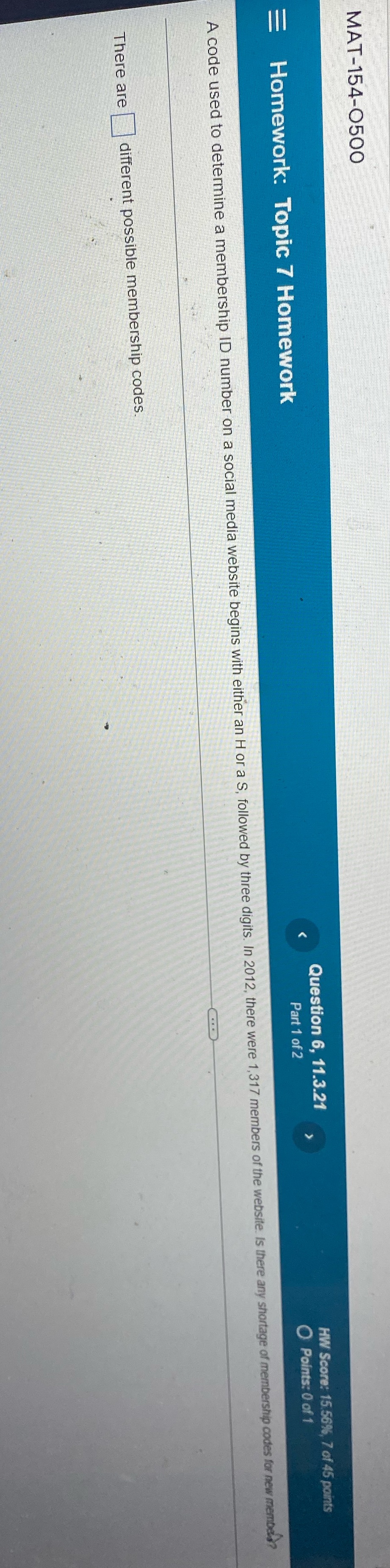 MAT-154-0500 Homework: Topic 7 Homework Question