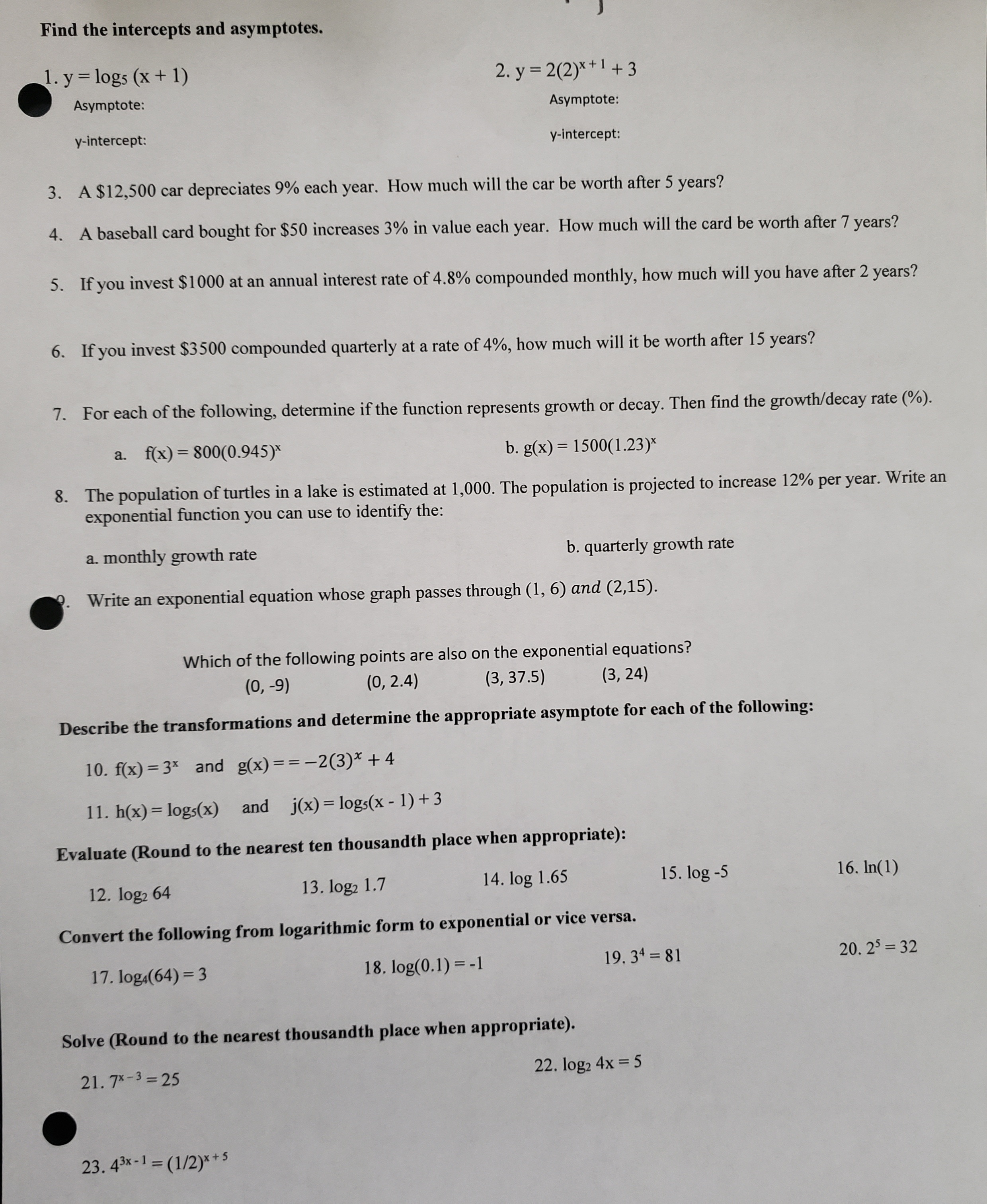 Solve showing work. - Linear, Exponential, and