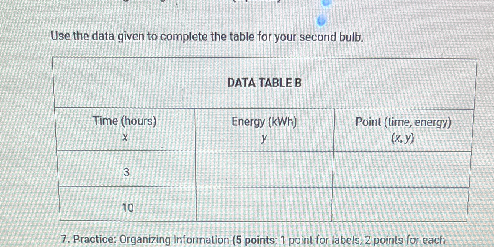 Use the data given to complete the table for your
