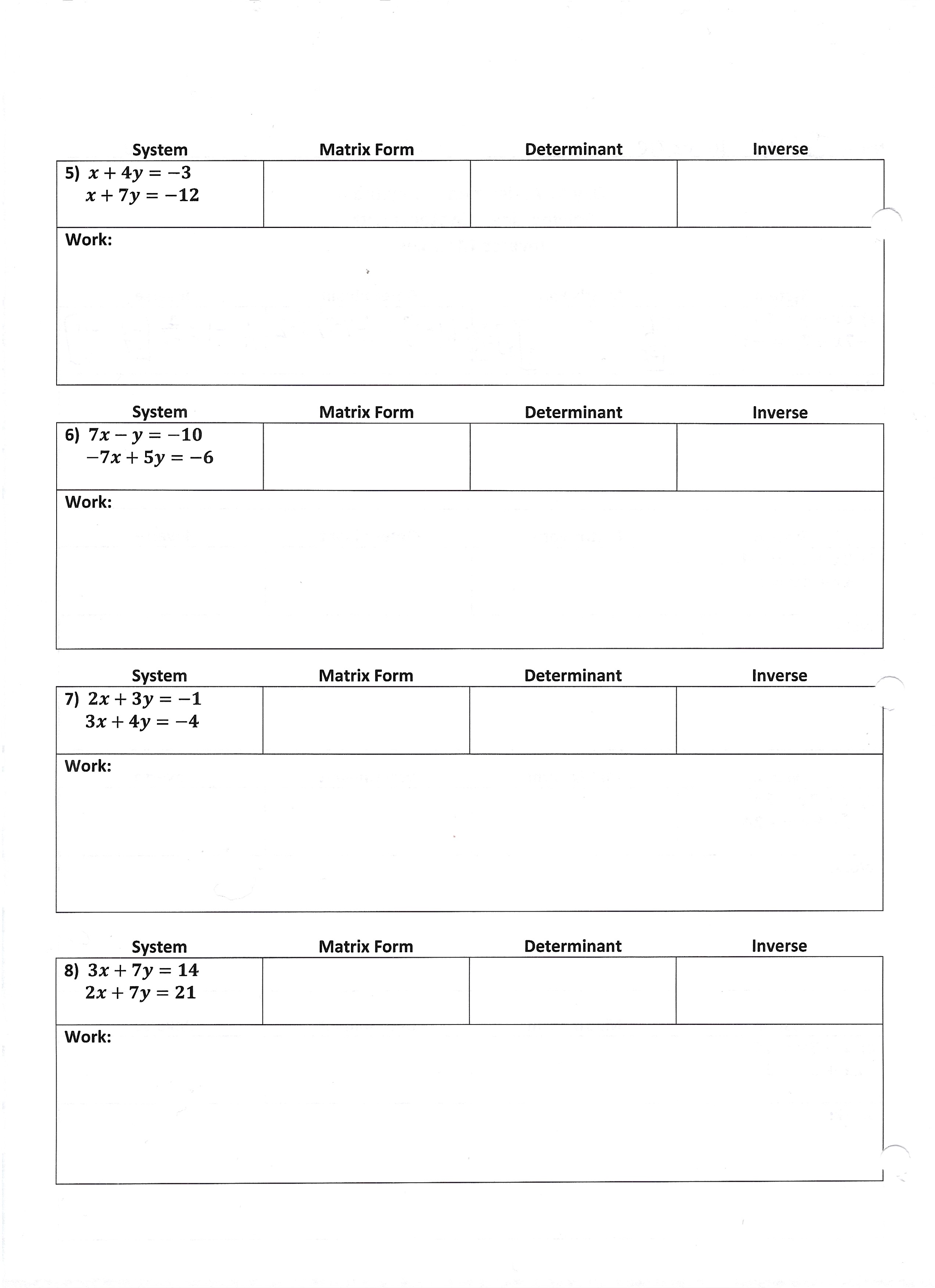 System Matrix Form Determinant Inverse 5) x + 4y