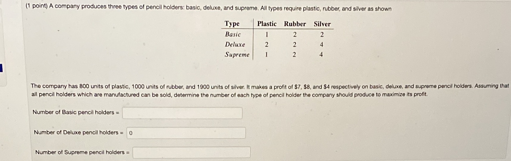 (1 point) A company produces three types of