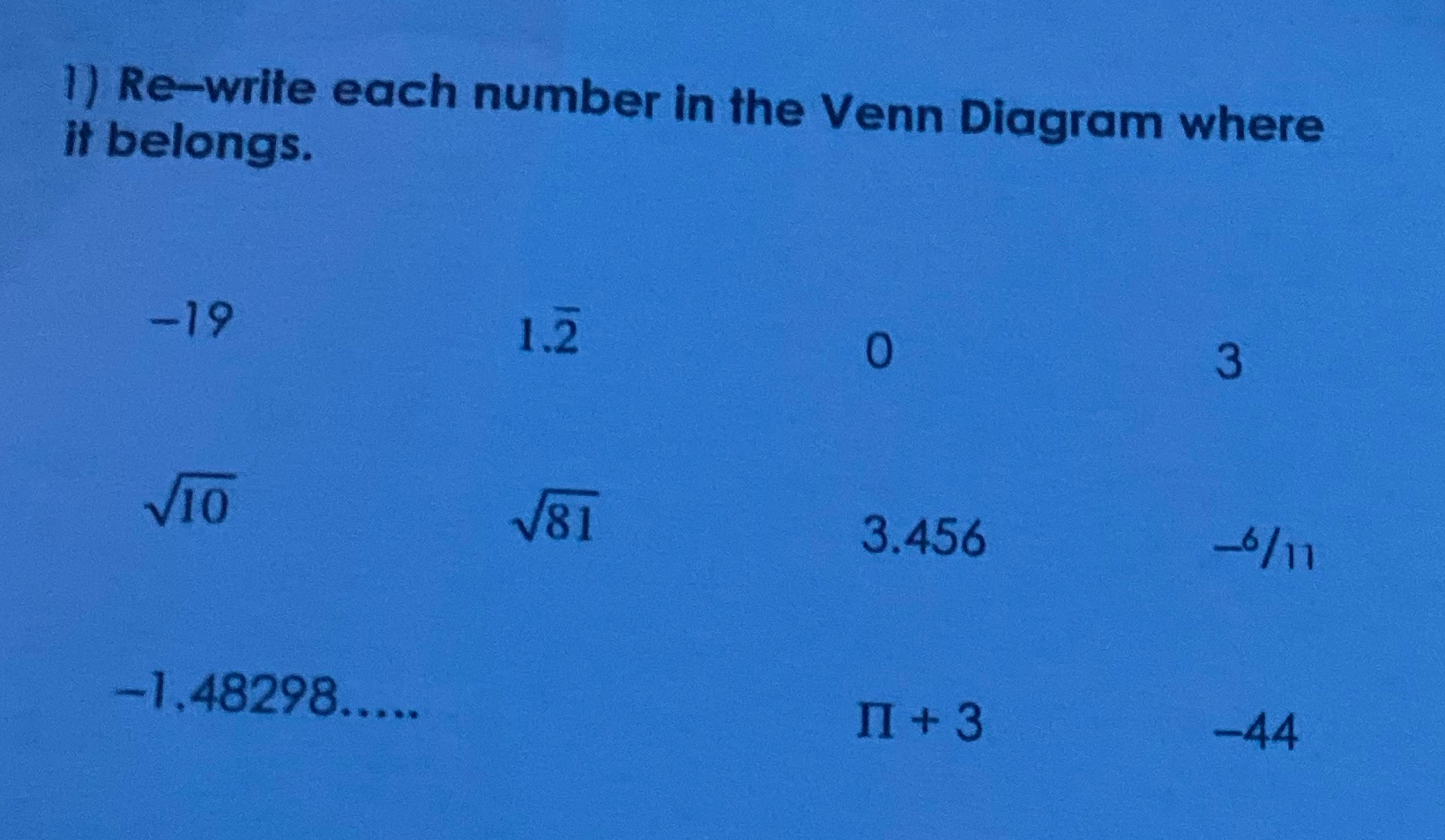 Re write each number in the Venn diagram where it