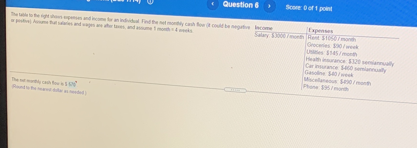 Question 6 Score: 0 of 1 point The table to the