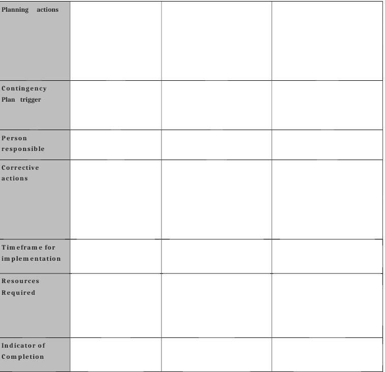 Planning actions Contingency Plan trigger Person