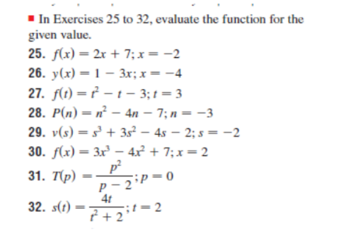 In Exercises 25 to 32, evaluate the function for