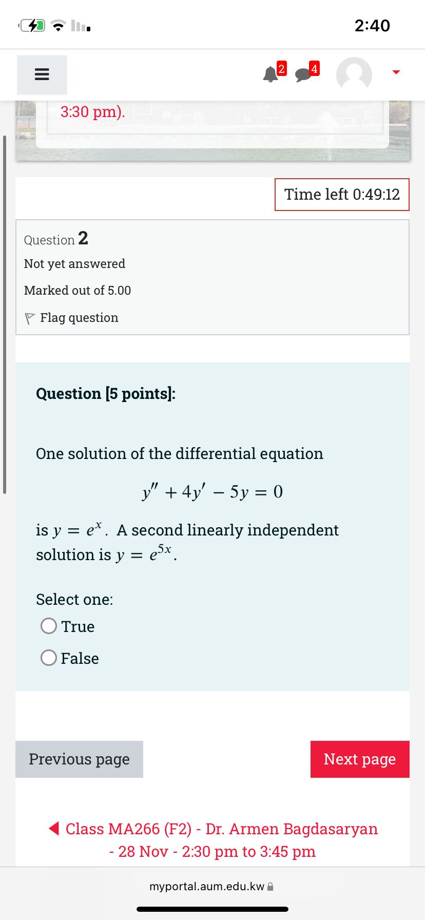 2:40 2 4 3:30 pm). Time left 0:49:12 Question 2