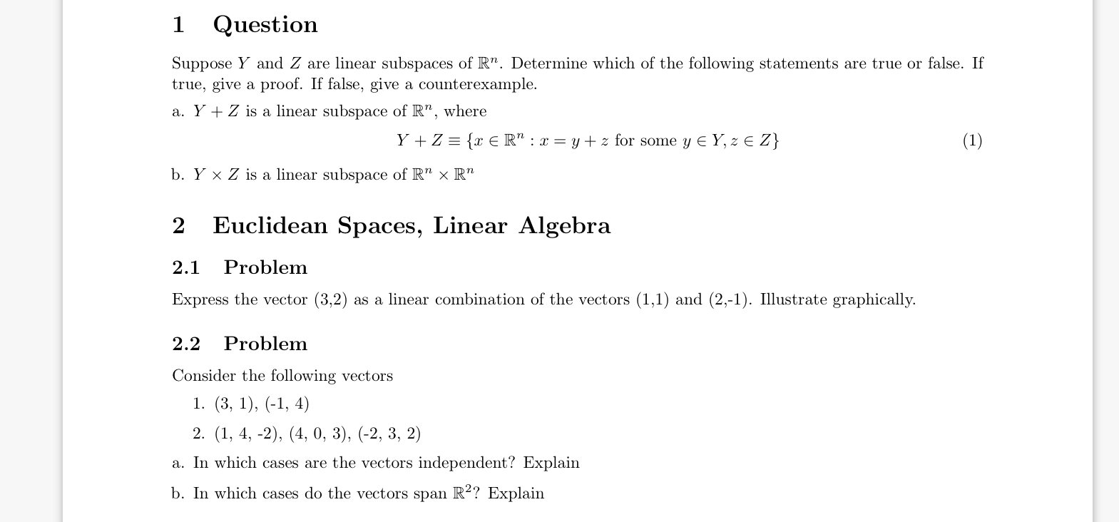1 Question Suppose Y and Z are linear subspaces