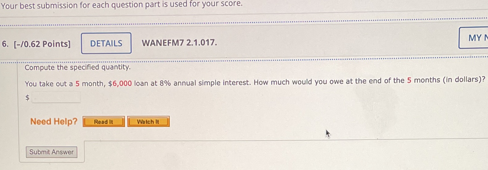 Your best submission for each question part is