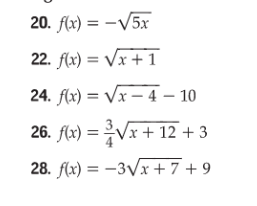 20. f(x) = -V5x 22. f(x) = Vx + 1 24. f(x) = Vx -