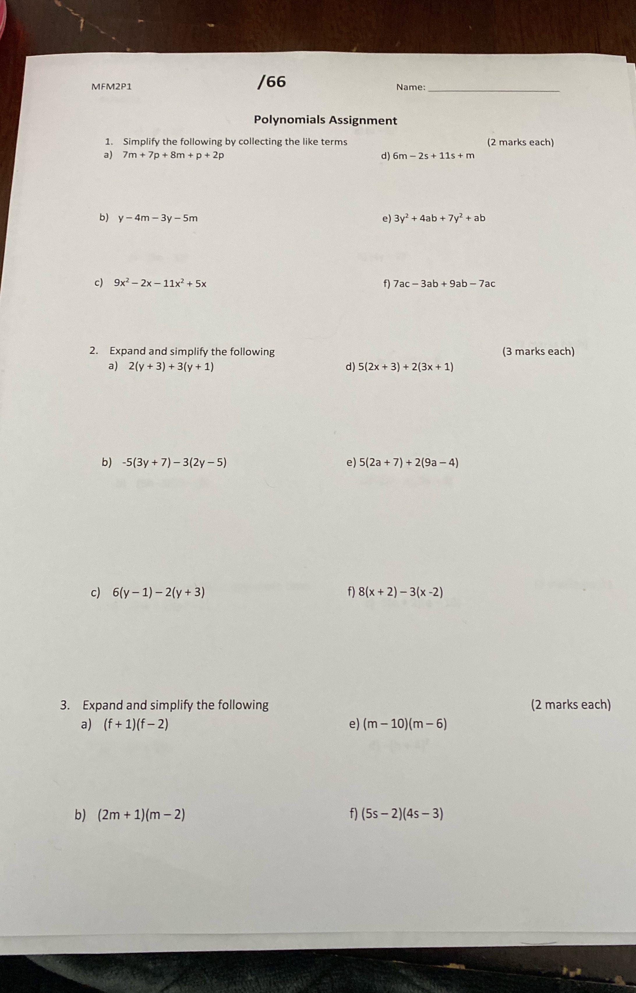 MFM2P1 /66 Name: Polynomials Assignment 1.