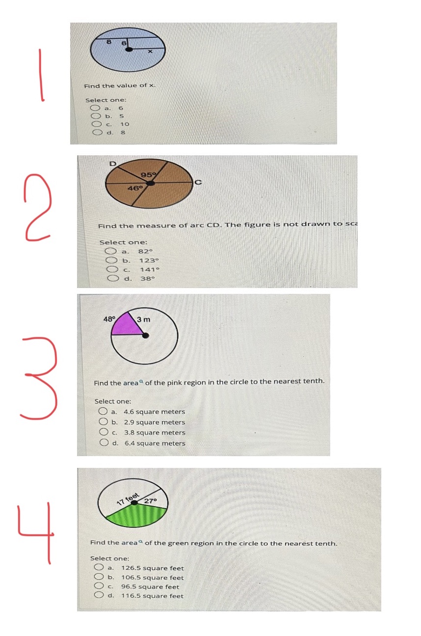 8 6 Find the value of x. Select one: a. in ON