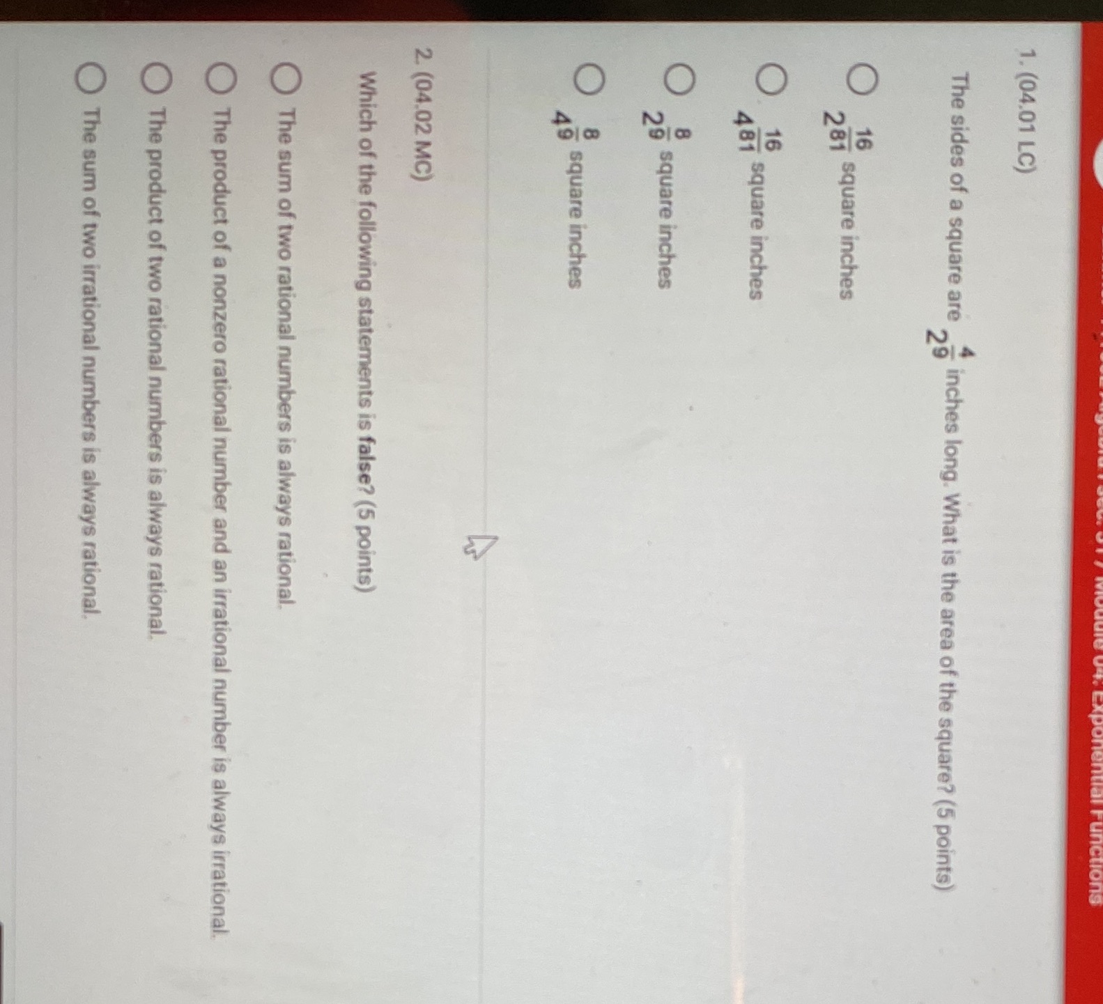 Please solve 1. (04.01 LC) The sides of a square