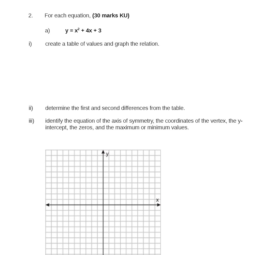 2. For each equation, (30 marks KU) a) y = x2 +