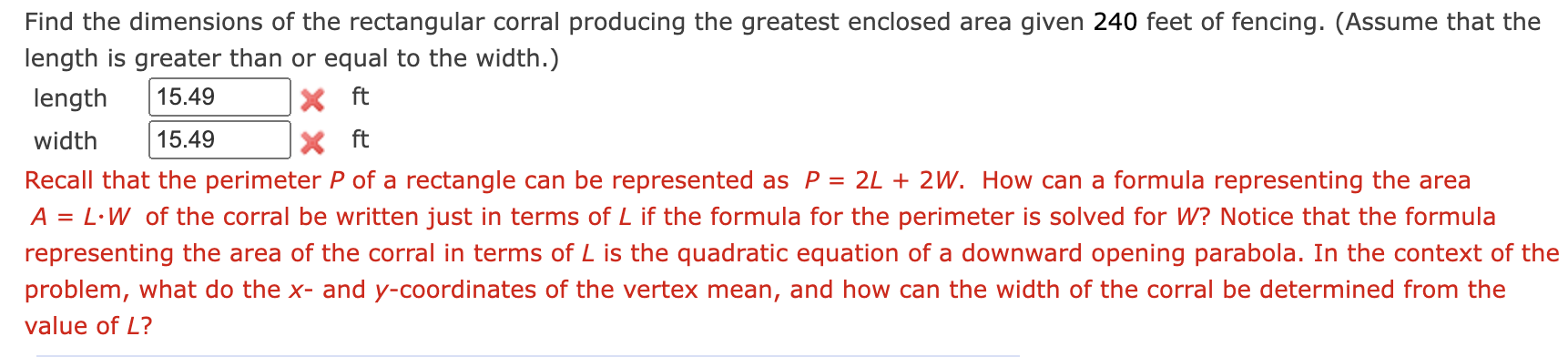 Find the dimensions of the rectangular corral