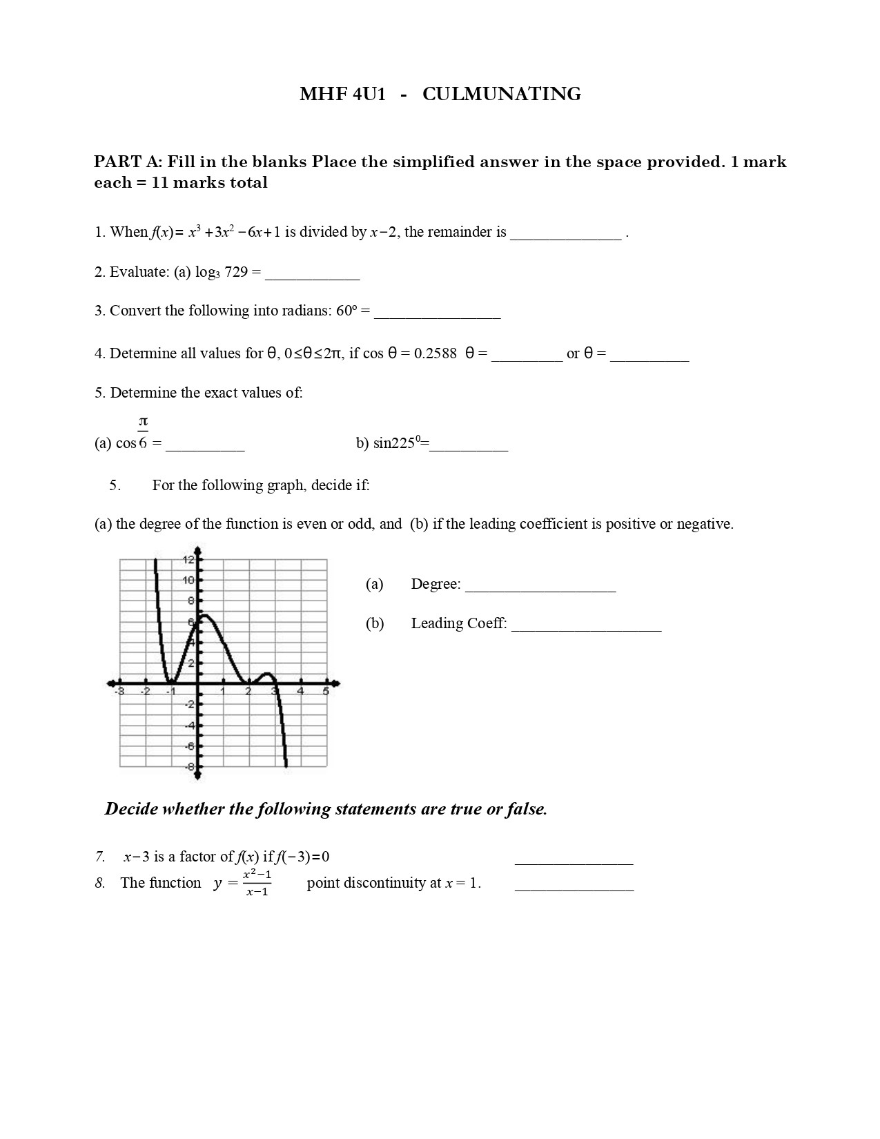 MHF 4U1 - CULMUNATING PART A: Fill in the blanks