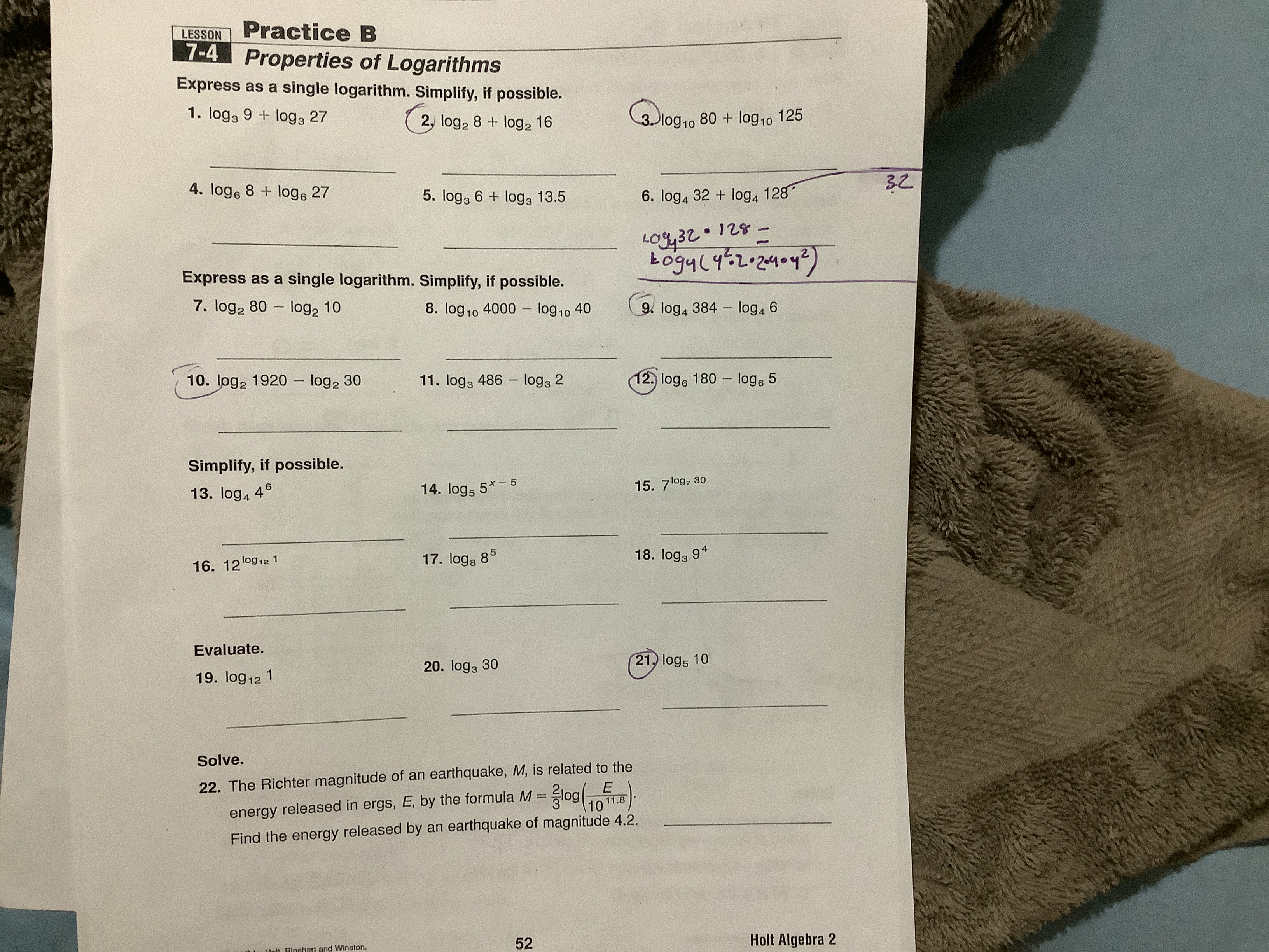 LESSON Practice B 7-4 Properties of Logarithms