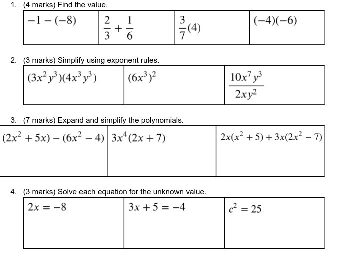 1. (4 marks) Find the value. -1 - (-8) (-4)(-6)