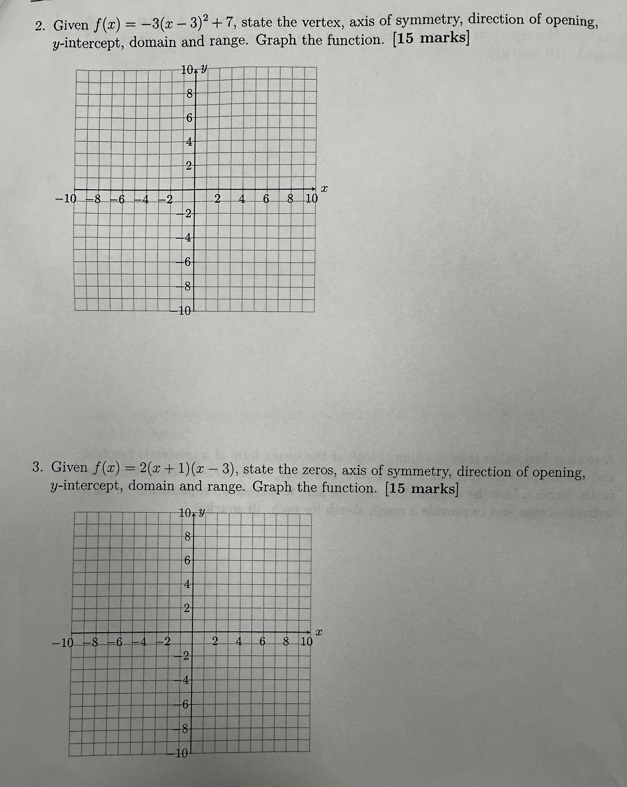 Unit 3 - Quadratic Functions Assignment 1. A