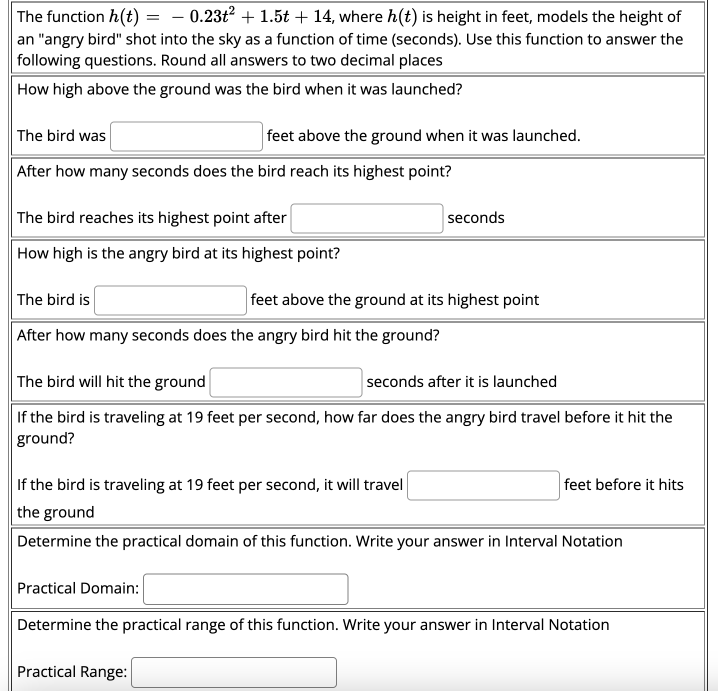 The function h(t) = 0.23t2 + 1.5t l 14, where