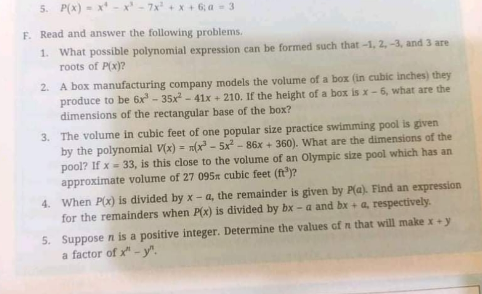 mathematics 5. P(x) = x - x - 7x + x + 6:0 = 3 F.
