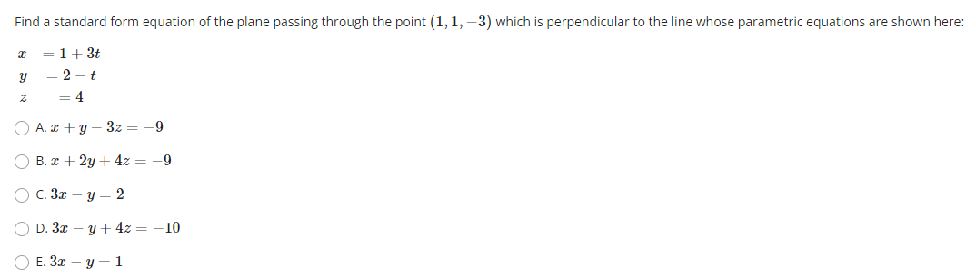 Find a standard form equation of the plane