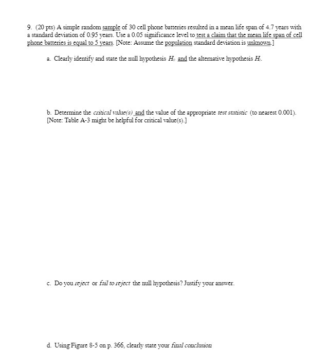 9. (20 pts) A simple random sample of 30 cell