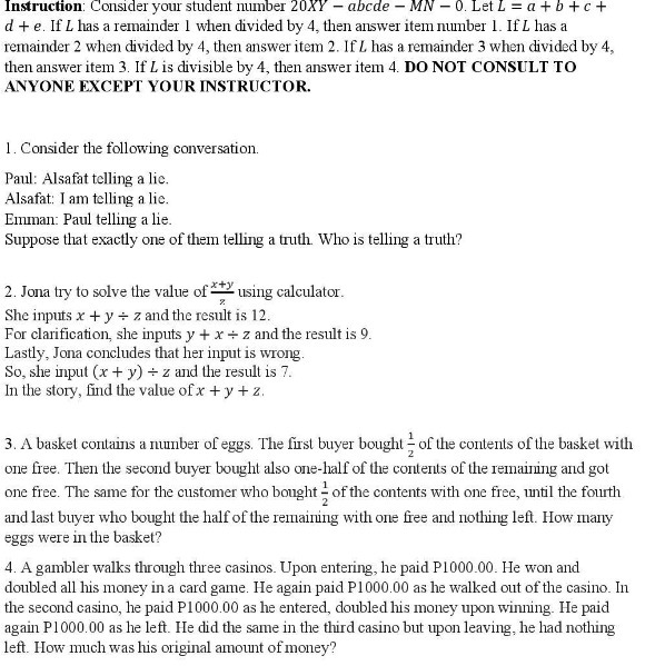 Instruction: Consider your student number 20XY -