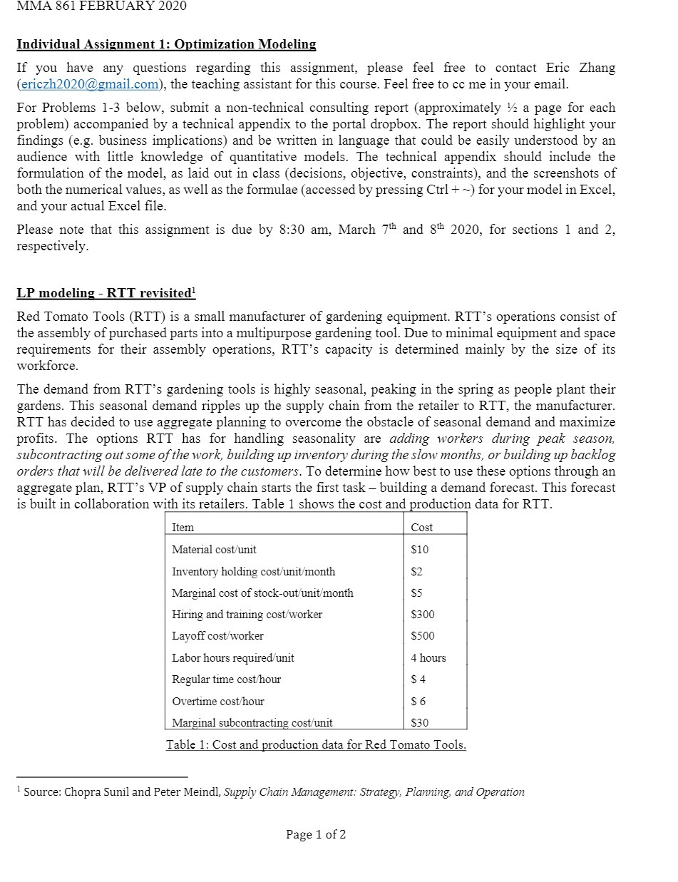 MMA 861 FEBRUARY 2020 Individual Assignment 1: