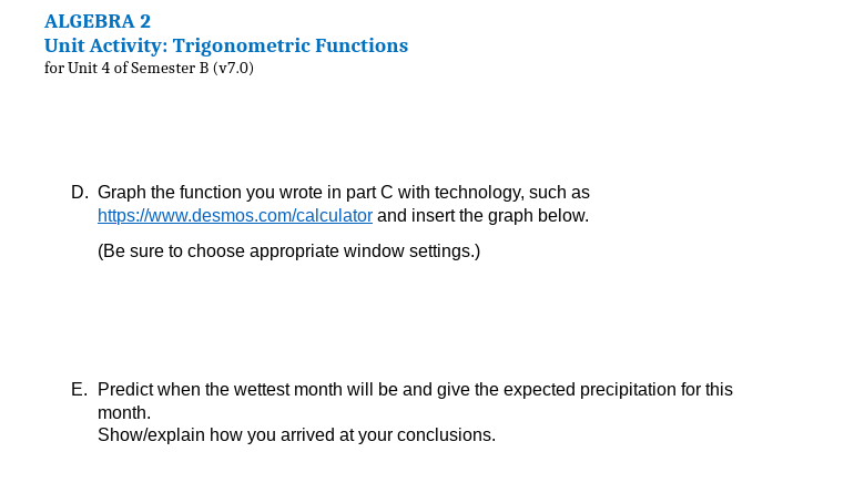 Unit 4 Unit Activity: Trigonometric Functions