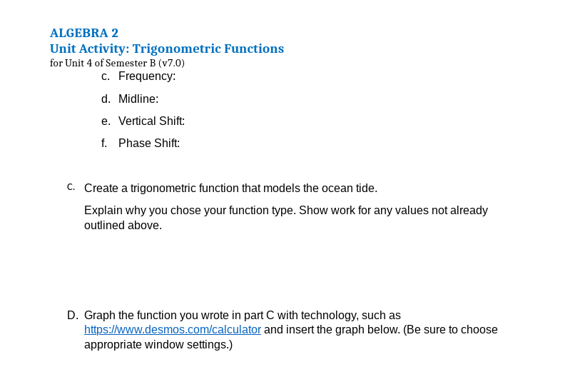 Unit 4 Unit Activity: Trigonometric Functions