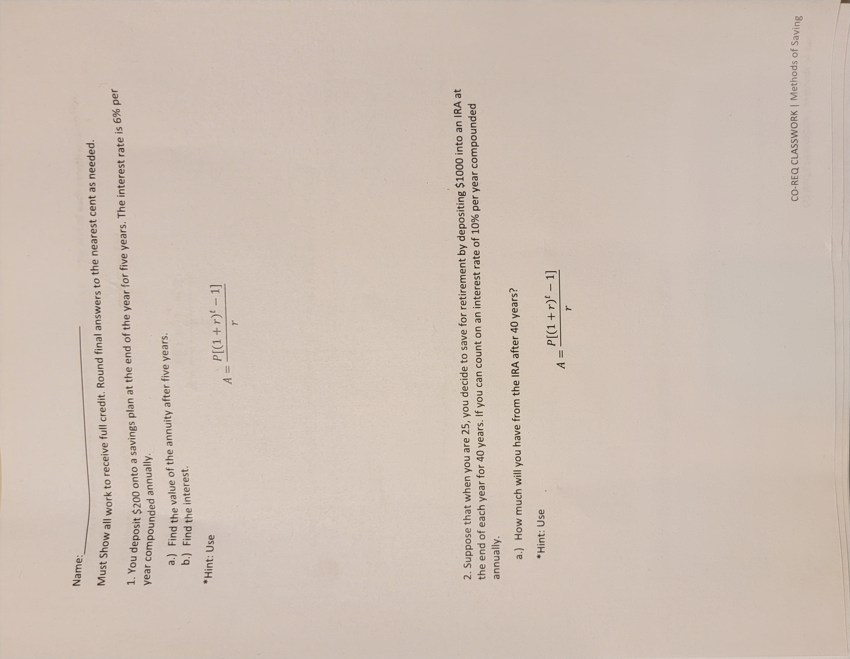 Name: Must Show all work to receive full credit.